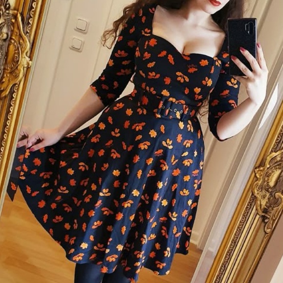 Collectif Eliana Acorn & Fall Leaves Sweetheart Swing Dress UK 18 // US 14 1X - Picture 4 of 15